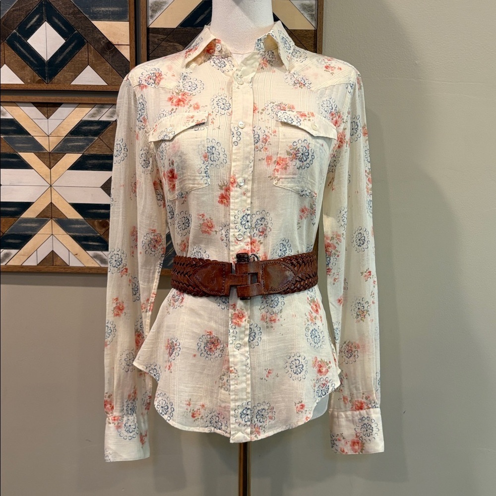 Ralph Lauren Cream Floral Lace Semi-Sheer Button Up Top Blouse size 6